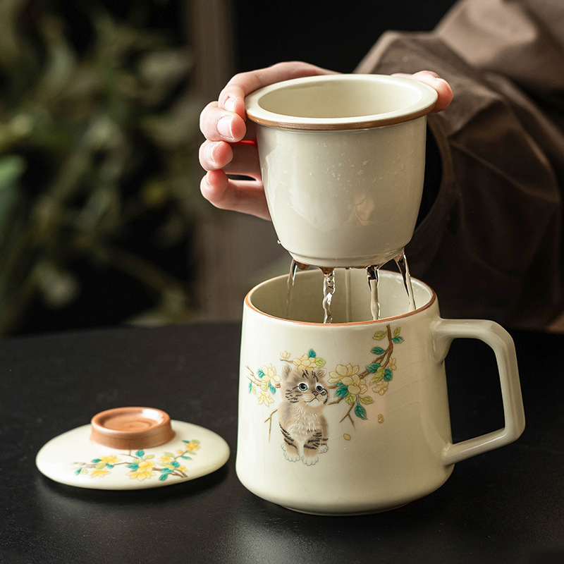 Cốc trà mèo dễ thương Ru Kiln cốc tách trà cốc cốc cốc cốc nước văn phòng cá nhân có nắp đậy bằng gốm hộp quà