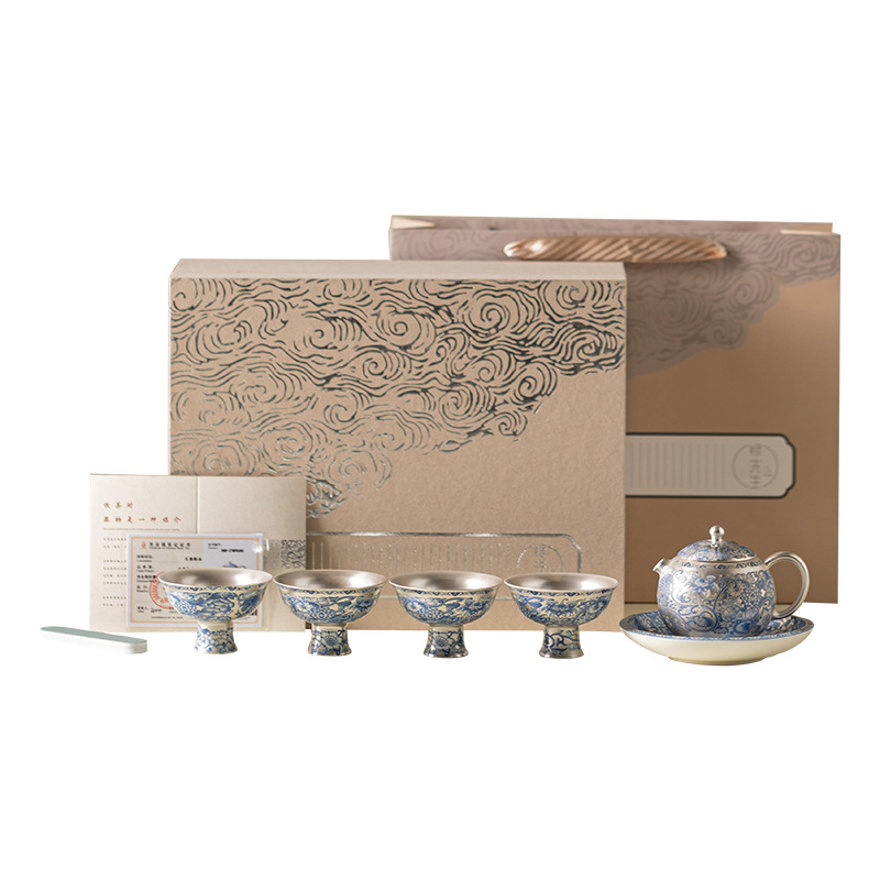 Bộ ấm trà hoa sen mạ bạc gia dụng một ấm bốn tách trà bộ tặng quà tặng người lớn tuổi lãnh đạo doanh nghiệp