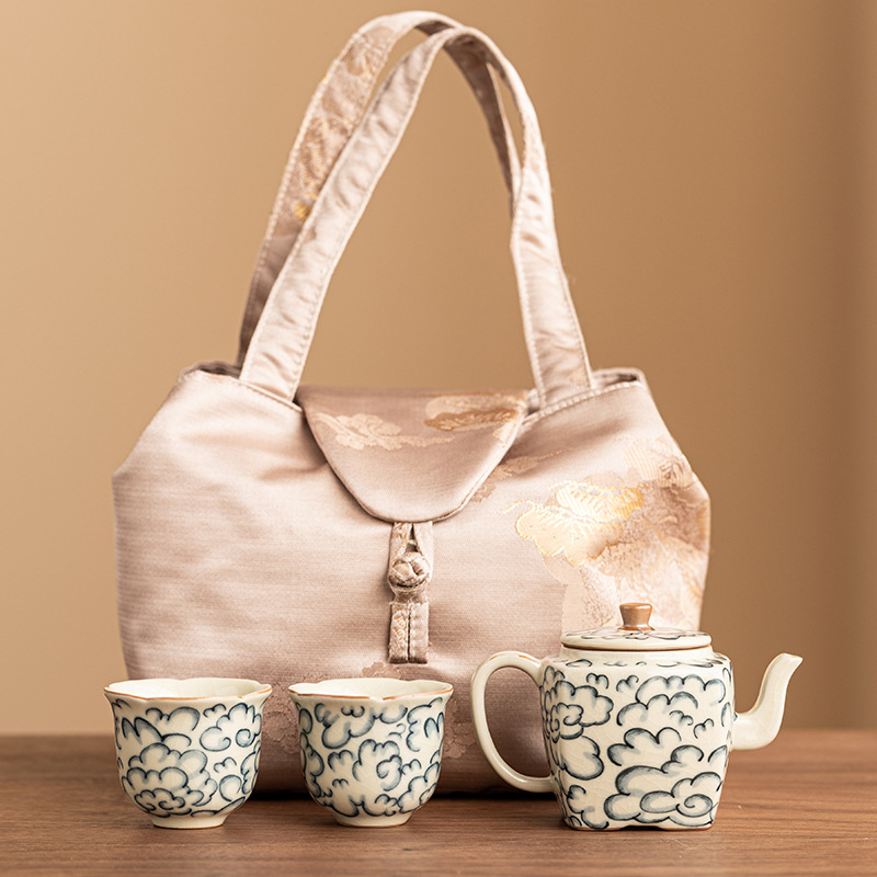 Ấm trà sứ Ru họa tiết đám mây tốt lành, Bộ ấm trà Bộ ấm trà Kung Fu cao cấp kiểu Trung Quốc, ấm trà chống bỏng gia dụng, hai cốc