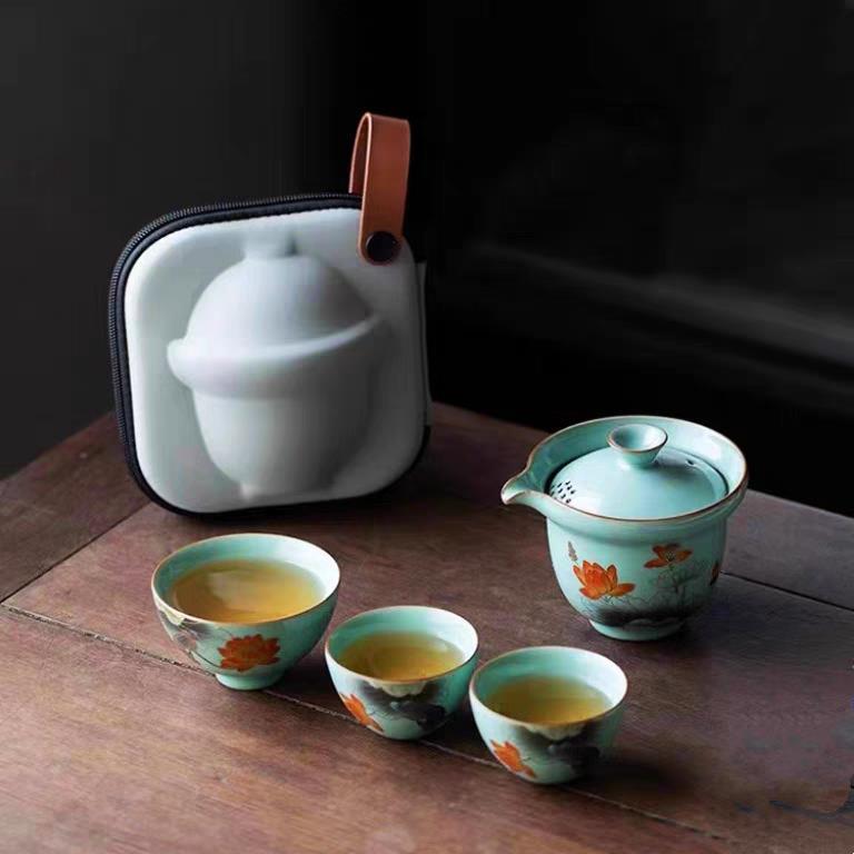 Bộ ấm trà du lịch Ru Kiln, cốc khách nhanh di động, ba cốc cho một người ngoài trời, quà tặng lò hồ dày cao cấp