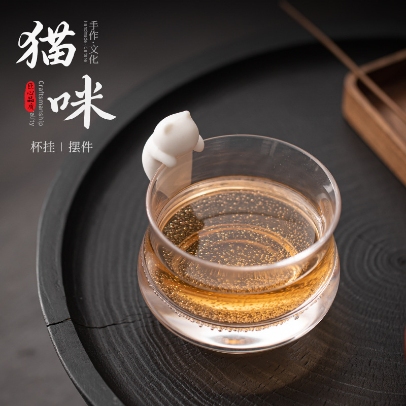Cốc nước Mèo gốm sứ sáng tạo mặt dây chuyền Cốc sứ trắng đồ trang trí thú cưng trà gia dụng dễ thương phụ kiện trà đạo bàn trà phòng trà