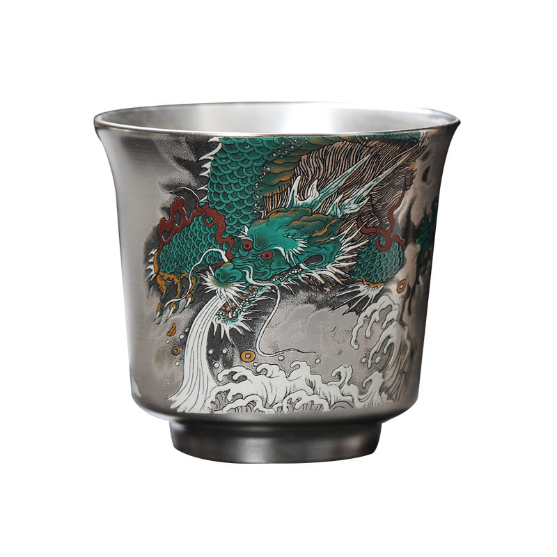 Bộ tách trà chủ nhân cỡ lớn thủ công mạ bạc gia dụng Bộ trà Kung Fu cao cấp Chén trà mạ bạc Thanh Long