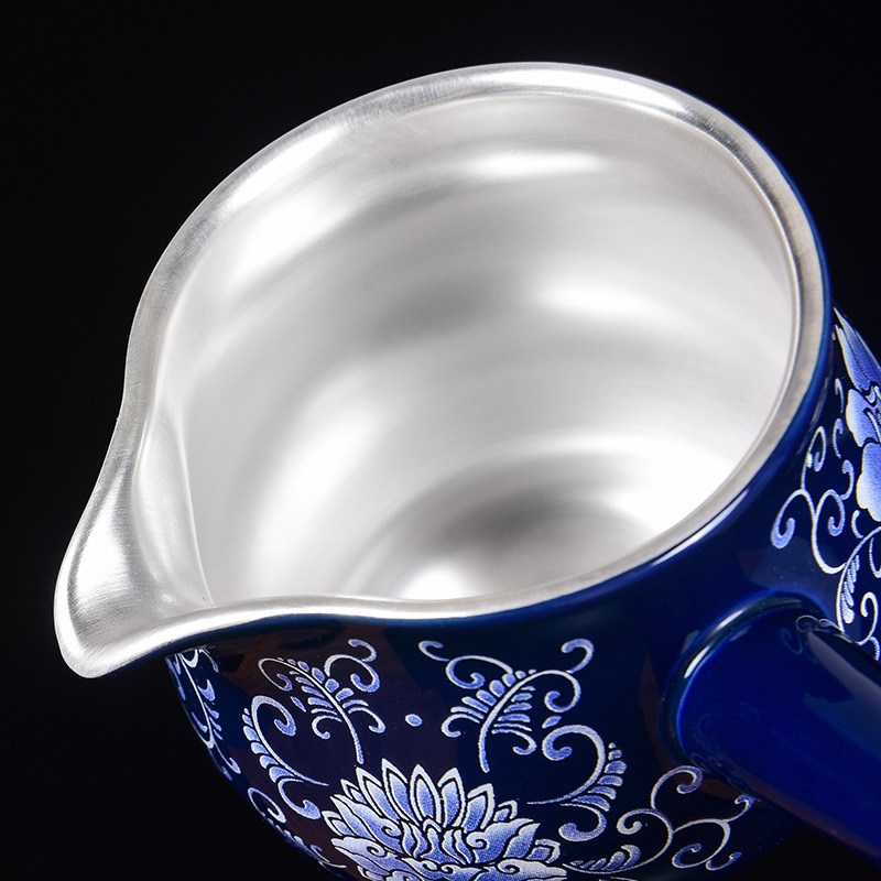 Cốc công bằng mạ bạc màu xanh và trắng 999 cốc công bằng tay cầm bên cốc chia bộ đồ trà bộ trà gốm sứ chịu nhiệt độ cao