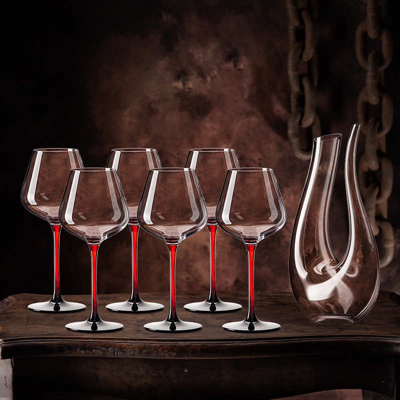 Ly rượu vang đỏ Burgundy cao cấp, ly rượu vang đỏ Bordeaux, ly rượu sâm banh, chân đỏ, đế đen