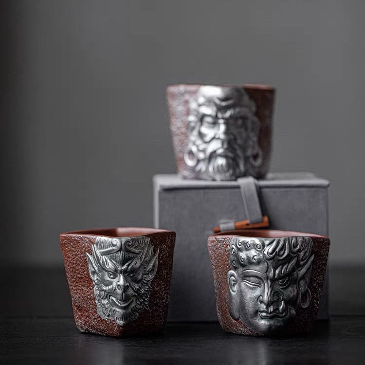 Tách trà men gốm tím vẽ tranh bạc, tách trà hình vuông khoáng sản thô, tách trà thủ công nổi, bát trà Kung Fu cổ điển mạ vàng bạc