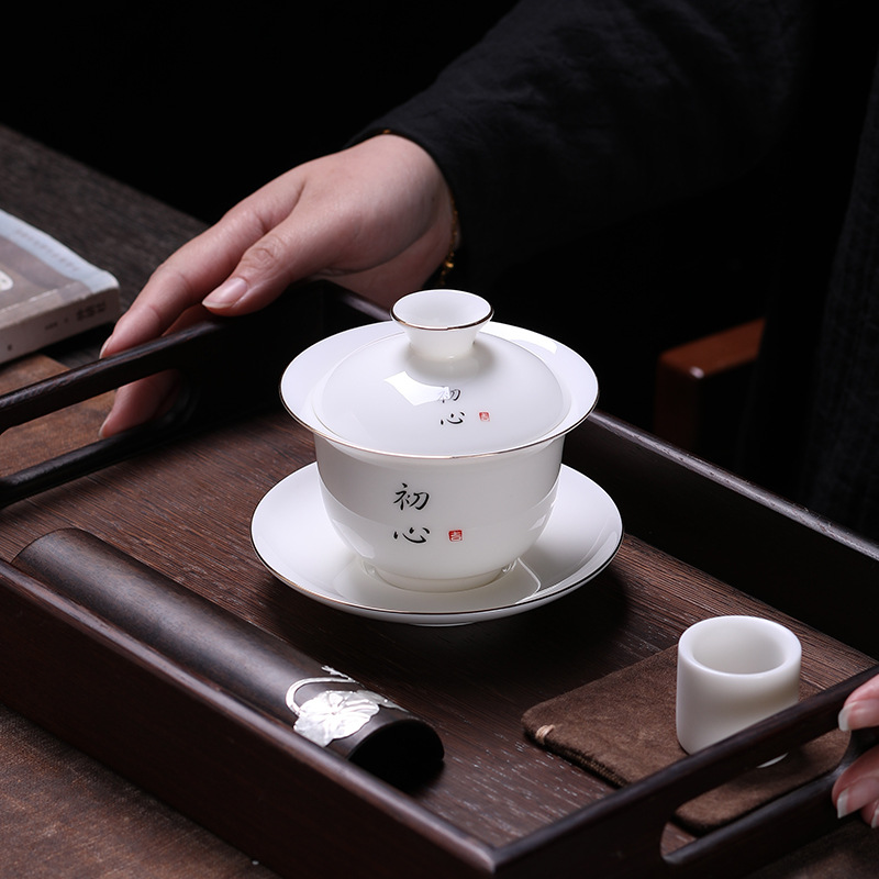 Cốc Trà Ngọc Bích cốc trà cốc trà gốm sứ vẽ tay bằng vàng sứ trắng Bộ trà Kung Fu Bát Trà Tam tài Kính