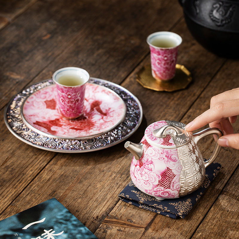 Bộ ấm trà hình rồng đỏ mạ bạc carmine, bộ ấm trà, quà tặng sinh nhật cho cha mẹ, người lớn tuổi và người lớn tuổi