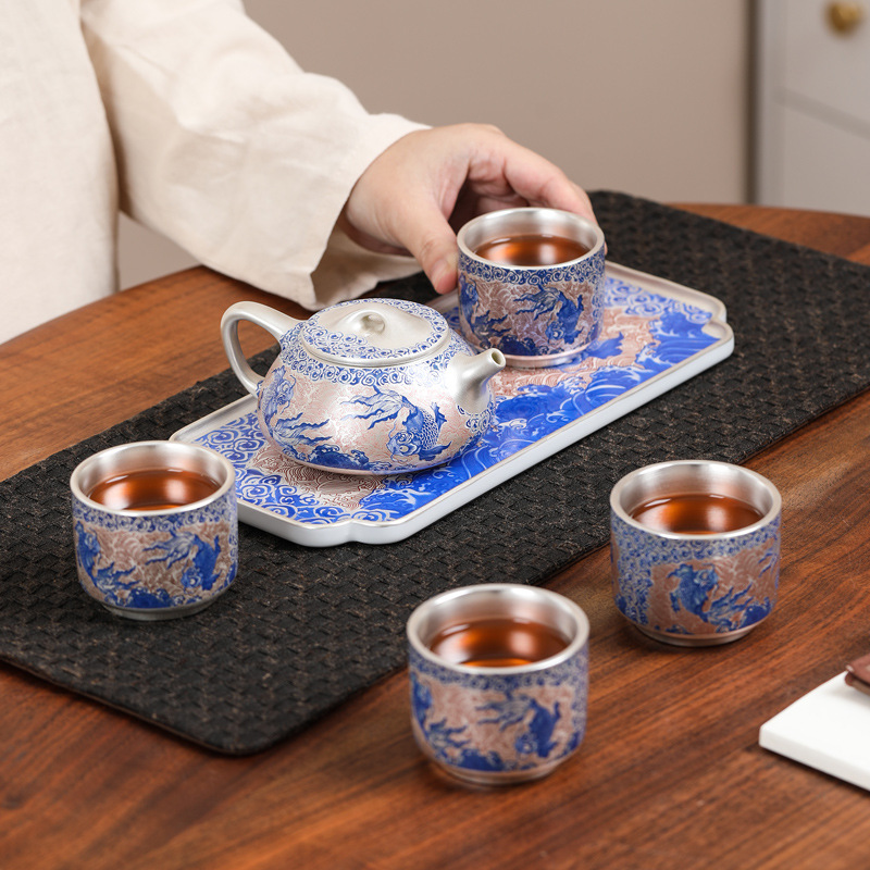 Bộ ấm trà Kung Fu mạ bạc như cá gặp nước Hộp quà cao cấp Quà tân gia cho lãnh đạo, người lớn tuổi, cha mẹ