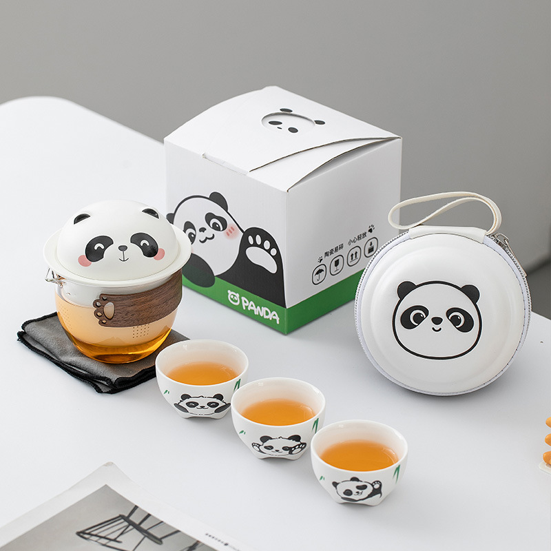 Bộ dụng cụ trà du lịch di động bằng gốm sứ Panda Kuaike Cup Bộ một ấm ba cốc cắm trại ngoài trời ấm trà