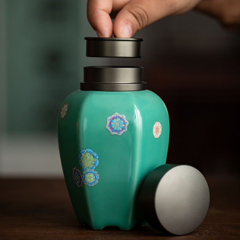Bình đựng trà xanh ngọc lam, bình gốm sứ chống ẩm kín nắp thiếc kiểu Nhật, bình đựng trà nhỏ