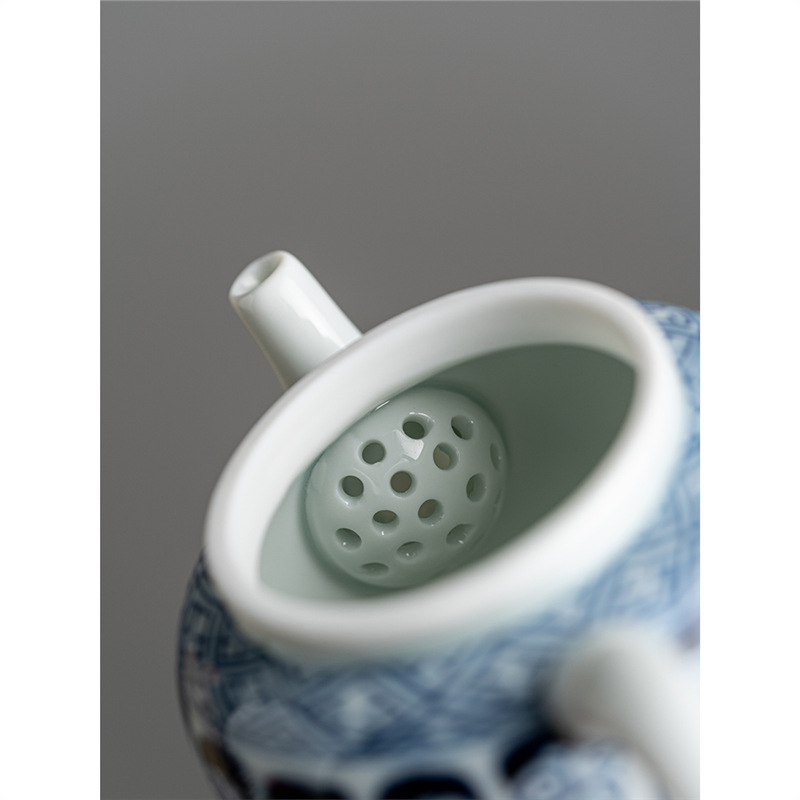 Ấm trà hoa văn phong cảnh sứ trắng xanh tráng men kiểu Trung Quốc dụng cụ pha trà sứ Kung Fu gia dụng ấm đơn mini tráng men