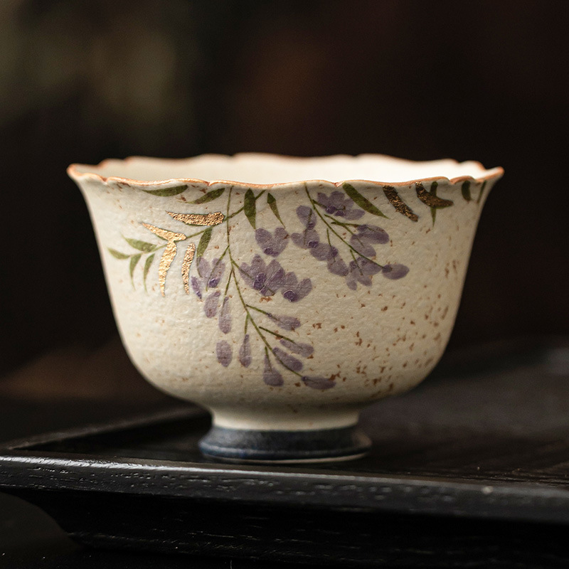 Cốc trà đá lửa trắng xanh cốc chủ nhân chạm khắc vàng hoa tử đằng cánh hoa ngọc bích cốc uống trà gia dụng cốc trà lớn chống bỏng