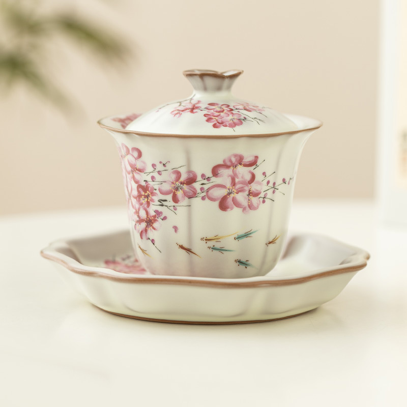 Bát có nắp ba hoa lê đông lạnh mỡ lợn, bộ trà nữ, bát pha trà Kung Fu, bát trà cao cấp có nắp đậy