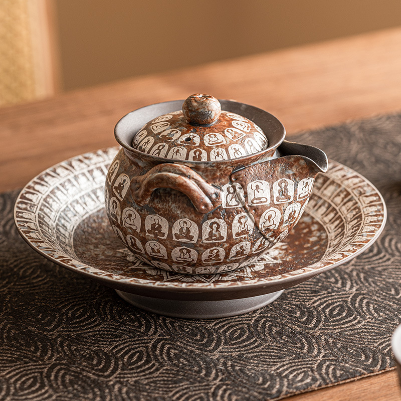 Ấm trà cầm tay Vạn Phật mạ bạc Ấm trà lọc chống bỏng Bộ trà Kung Fu cổ điển Trung Quốc Ấm Đơn gốm sứ cao cấp có nắp