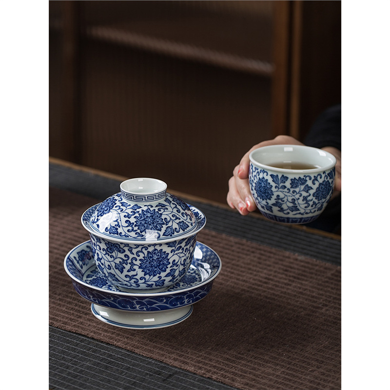 Cốc trà có nắp, bát trà tam tài đơn, bộ trà sứ trắng xanh cỡ lớn, trà Kung Fu sứ trắng