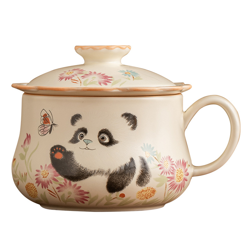 Màu vàng gạo men gấu trúc chơi bướm cốc văn phòng tách trà cốc tách trà bộ trà gốm sứ có giá trị cao cốc trà trà