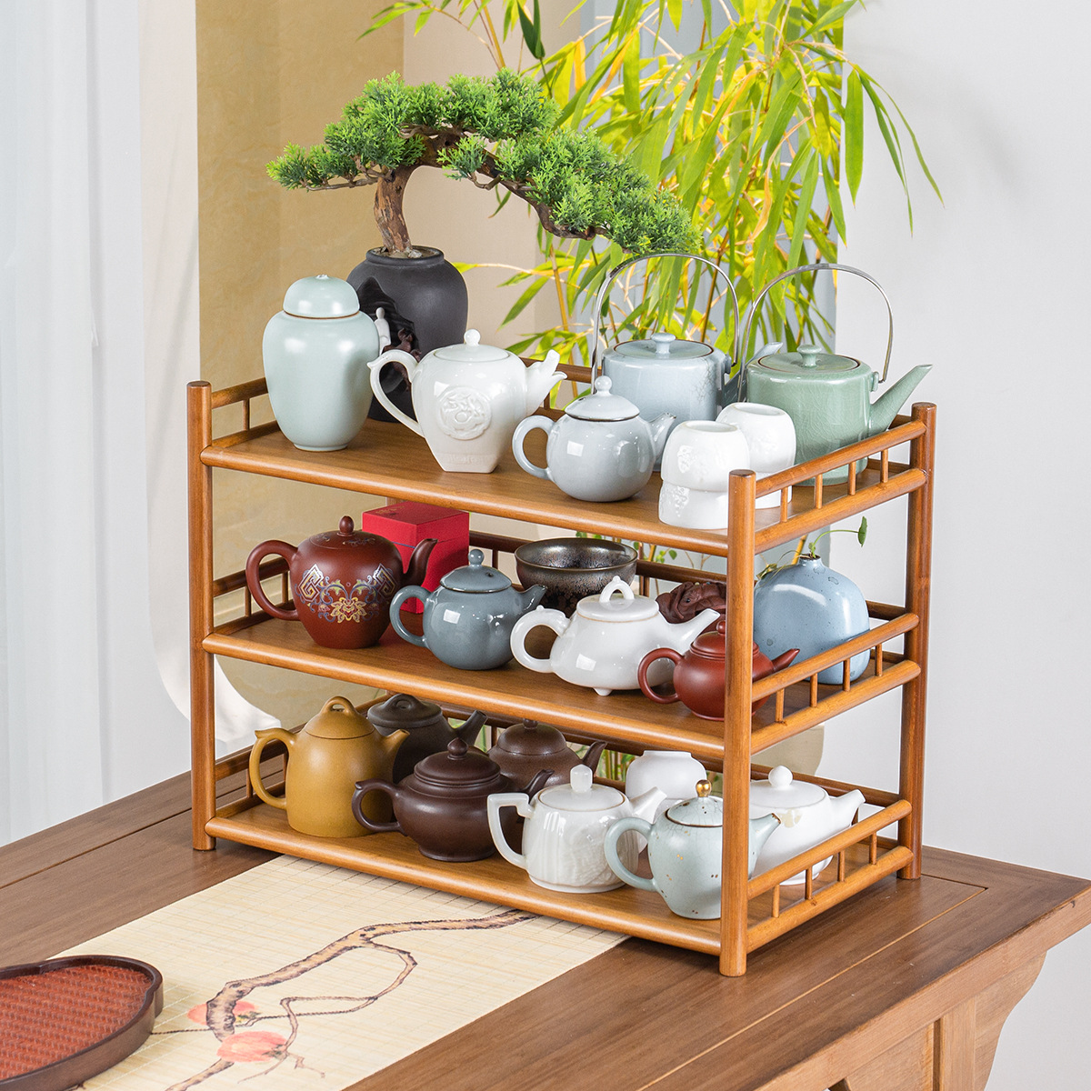 Bán buôn giá đỡ trà ba tầng bằng tre có hàng rào ấm trà để bàn ấm trà tử sa Giá đựng cốc trà giá đựng đồ Bộ trà