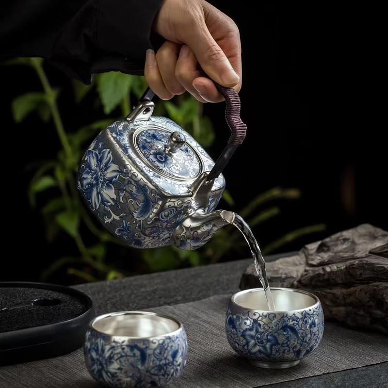 Zhou Hongjie cao cấp mạ bạc màu xanh và trắng bộ đồ cầm xà vuông một bình hai cốc hộp quà tặng ấm trà tinh tế Kung Fu cổ điển làm quà tặng