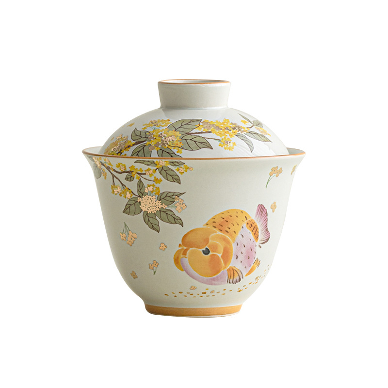 Bát có nắp hai cá osmanthus vàng xám thực vật phong cách quốc gia Bộ trà Kung Fu gốm sứ gia dụng Bát pha trà Trung Quốc Bát trà