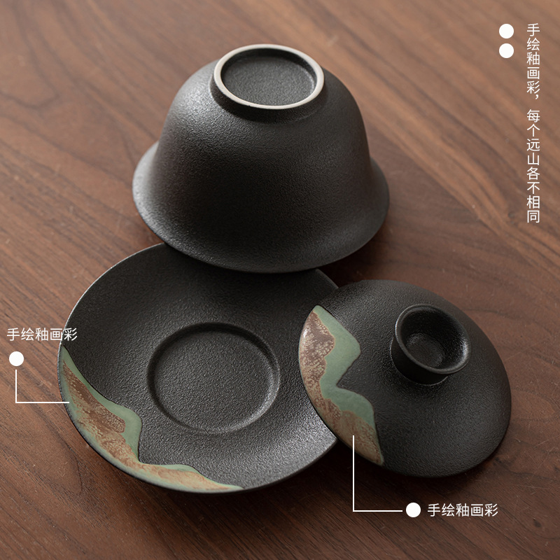 Vẽ tay núi xa Sancai có nắp bát gốm sứ Kung Fu bộ trà chén chén trà chén gốm thô dụng cụ pha trà cầm tay gia dụng