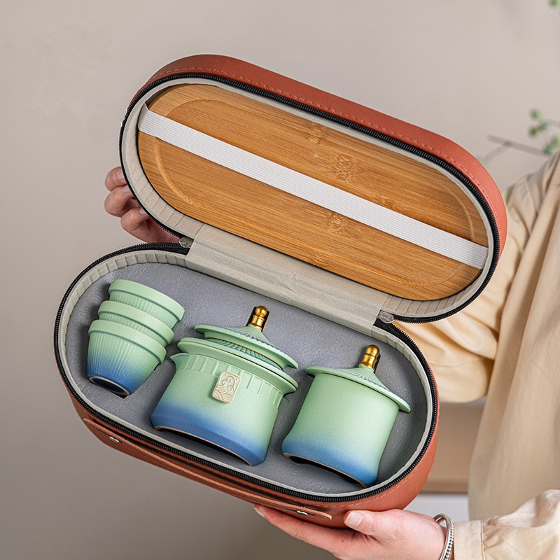 Bộ trà du lịch văn hóa và sáng tạo cung điện Guochao Bộ trà pha trà ngoài trời một ấm ba cốc nhanh di động
