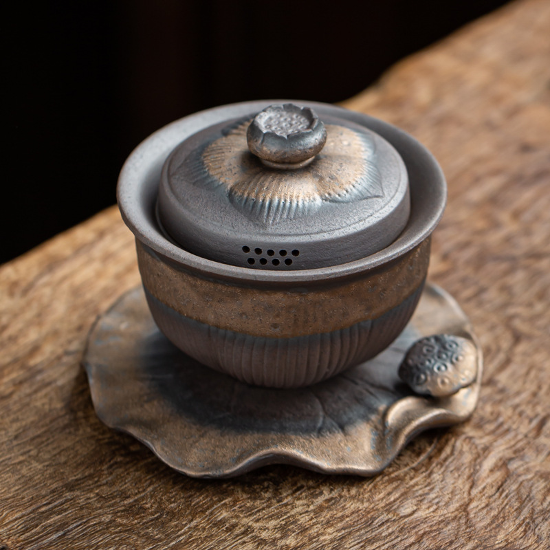 Bán buôn gốm thô cầm tay ba cái bát có nắp đậy đơn chống bỏng cổ điển Jingdezhen làm bằng tay Bát trà gốm sứ bằng gỗ có nắp