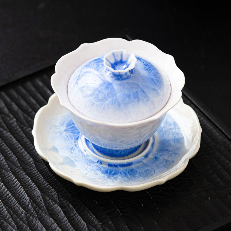 Bát nắp miệng hướng dương xanh tráng men pha lê cốc trà bát pha trà gốm sứ tam tài cao cấp có nắp bộ trà kungfu chống bỏng đơn