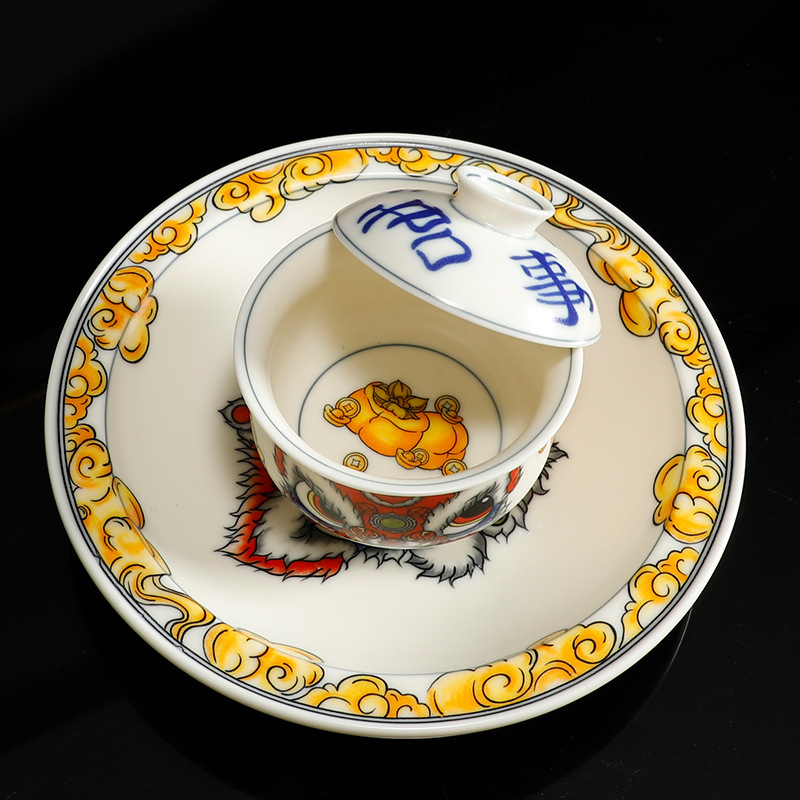 Phong cách Trung Quốc hai tài năng lơ lửng bát nắp cốc trà bộ trà kungfu đồ pha trà cỡ nhỏ gốm sứ cổ điển sáng tạo bát trà túi vải