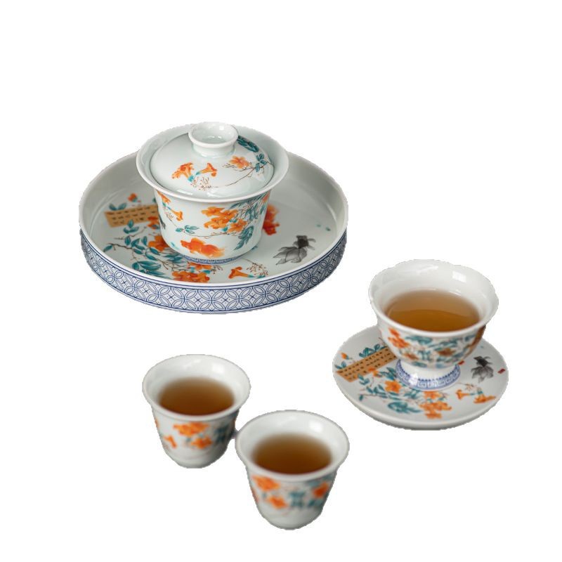 Bộ ấm chén trà gốm sứ cao cấp phong cách retro màu xanh trắng, họa tiết cá, kiểu dáng sang trọng, thích hợp làm quà tặng cao cấp, dùng trong văn phòng, lễ tân.