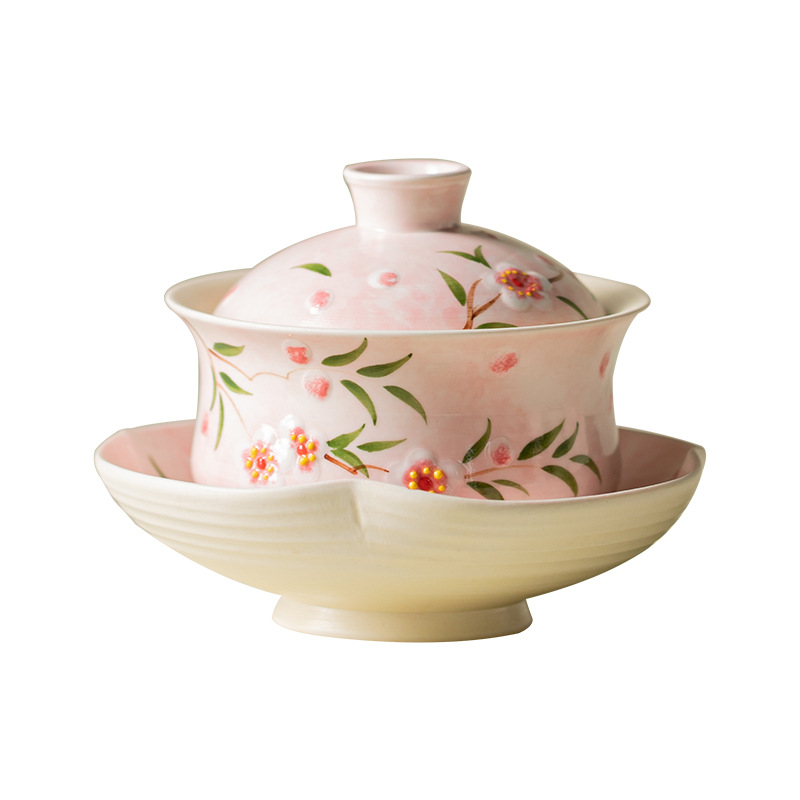 Bát có nắp ba tài hoa đào vẽ tay Bộ trà Kung Fu gốm sứ Trung Quốc Bát trà đơn dụng cụ pha trà đơn giản cho cá nhân
