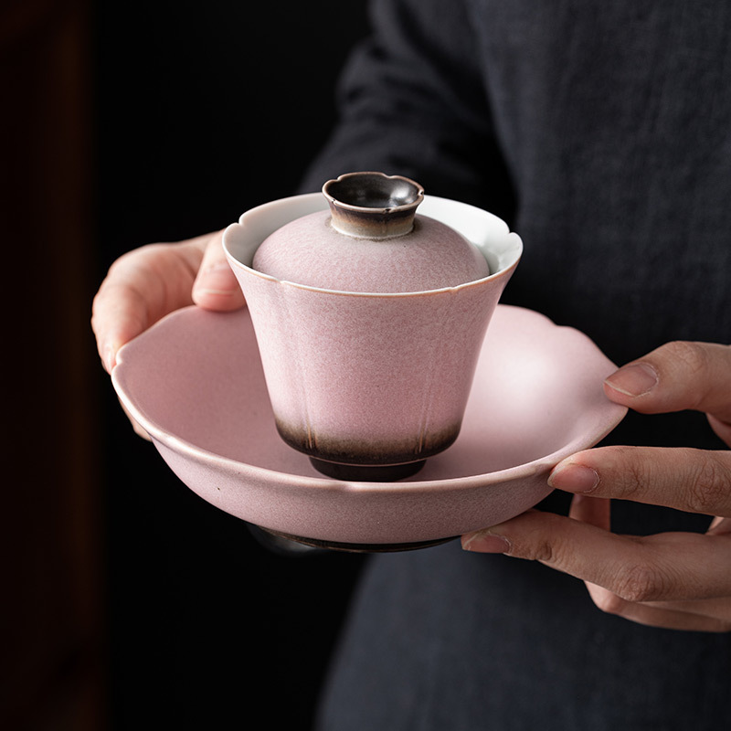 Lò biến cánh hoa bát nắp tam tài cốc trà Bộ trà Kungfu gốm sứ chống bỏng một tay Bát pha trà gia dụng có nắp cao cấp