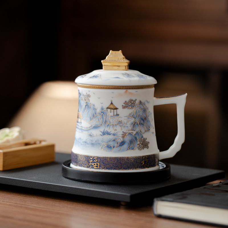 Tách trà văn phòng sứ ngọc, cốc lọc nước, cốc tách nước trà, tách trà cao cấp, quà tặng lưu niệm cao cấp