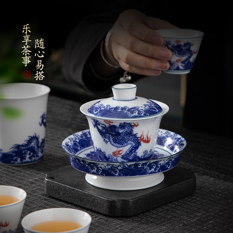 Guo Chao màu xanh và trắng sứ lớn bát có nắp ba tài cốc trà bộ trà Kung Fu gia dụng dụng cụ pha trà uống trà bát trà bán buôn