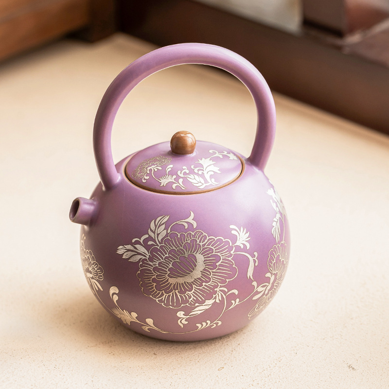 Ấm trà gốm sứ đầy đủ chạm khắc hoa mẫu đơn bạc Ấm trà gốm sứ cao cấp để pha trà gia dụng nhỏ không nóng tay Bộ trà Kung Fu đơn