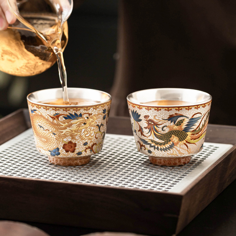 Nhà máy Xianglong Phoenix Cặp đôi Cốc đôi 999 Chén trà mạ bạc Cốc chủ sở hữu Bộ trà sang trọng nhẹ Hộp quà lưu niệm