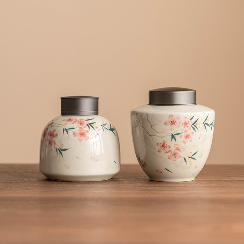 Thùng bảo quản trà hợp kim hoa đào vẽ tay, gốm sứ chống ẩm, thùng kín gia dụng, lon trà, dung tích lớn cao cấp