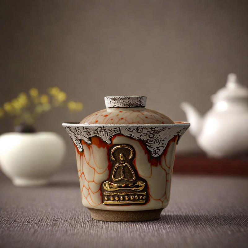 Bát có nắp bằng gốm Phật không hình dạng bằng vàng và bạc vẽ tay dùng trong gia đình, Bát trà Kung Fu, Bát trà Kiyono Nijika, Bộ pha trà.