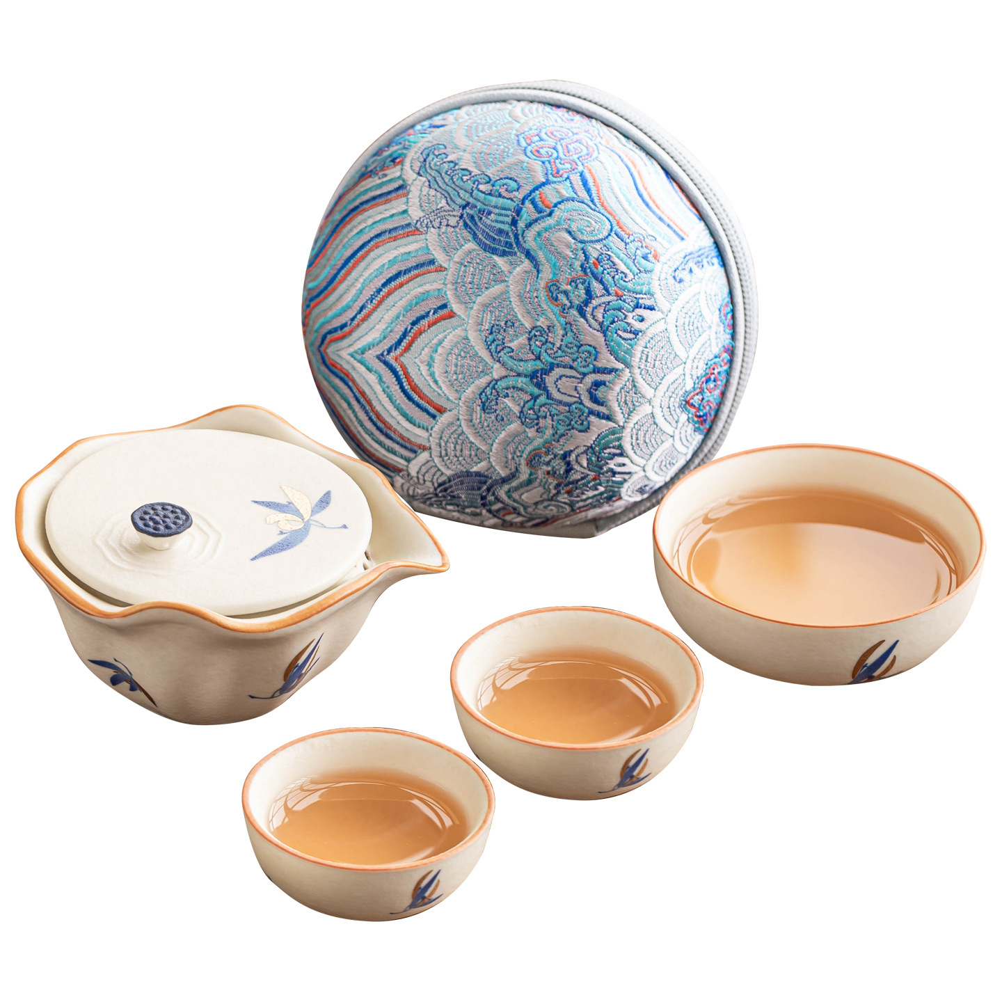 Bộ ấm trà du lịch màu trắng mỏ đá, bộ ấm trà gốm sứ, bộ ấm trà, một ấm ba chén, túi đựng trà