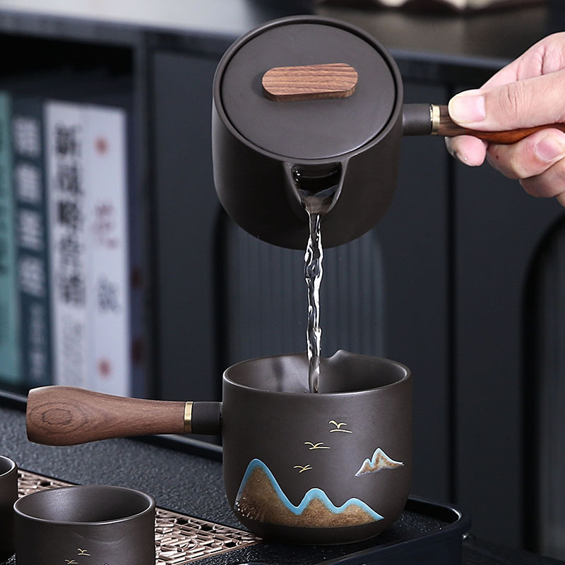 Bộ ấm trà kungfu cát tím cao cấp nguyên khoáng sản ấm trà núi xa đơn giản phòng khách văn phòng gia dụng hộp quà