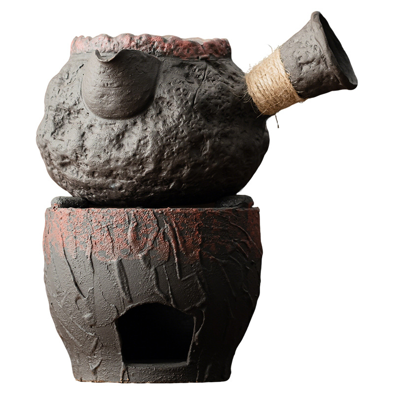 Bộ ấm trà ấm đá cổ điển bùn đá cổ lọ tay cầm bên ấm trà đun trà dung tích lớn nến đèn cồn đế ấm trà