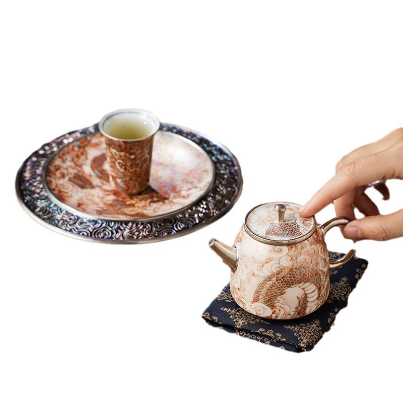 Bộ ấm trà Handuo rồng đỏ tráng men mạ bạc, quà tặng sinh nhật nam nữ lãnh đạo người lớn tuổi