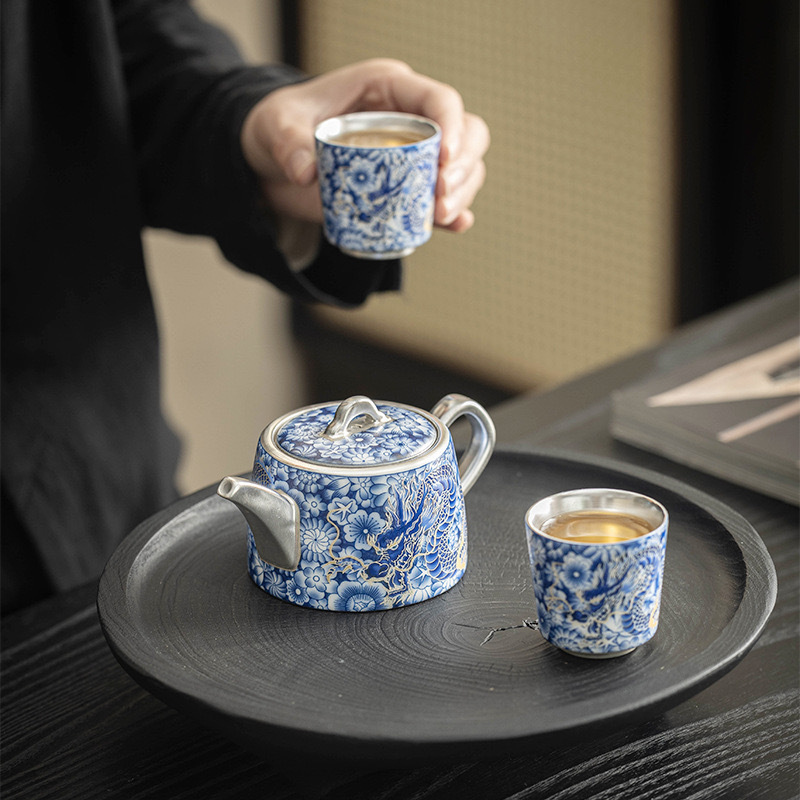 Bộ ấm trà bạc rồng phượng cao cấp bộ trà bạc mạ bạc thủ công quà tặng tay bộ trà Kung Fu cầm tay hộp quà tách trà