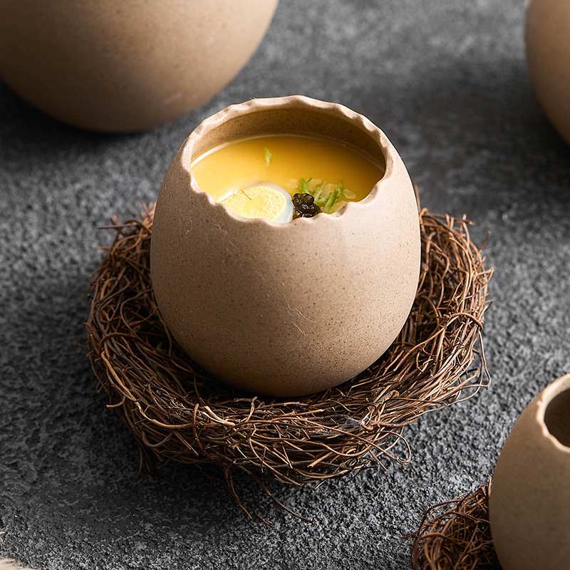 Hình dạng vỏ trứng, Bát hấp trứng, bát tráng miệng, bát tráng miệng, bát gốm hình quả trứng đà điểu, bát sữa chua, bộ đồ ăn nhà hàng đặc sản sáng tạo