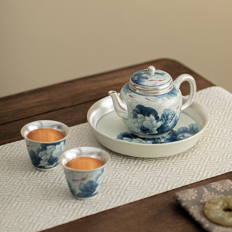 Bộ hoa sen xanh chơi cá bạc một ấm hai cốc bộ ấm trà Kung Fu bộ ấm trà gốm sứ ấm trà làm quà tặng cá nhân