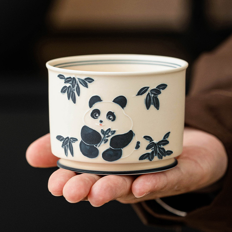 Cốc chủ nhân gấu trúc vẽ tay cốc đơn cốc ống thẳng gia dụng Bộ trà Kung Fu Trung Quốc cốc trà gốm sứ cốc trà