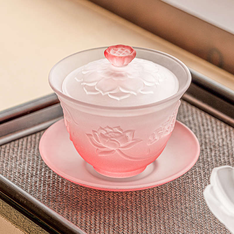 Bát tam tài hoa sen Gradient Bát trà gia dụng cao cấp thủy tinh có nắp cho nữ Bộ trà Kung Fu giá trị cao bát pha trà