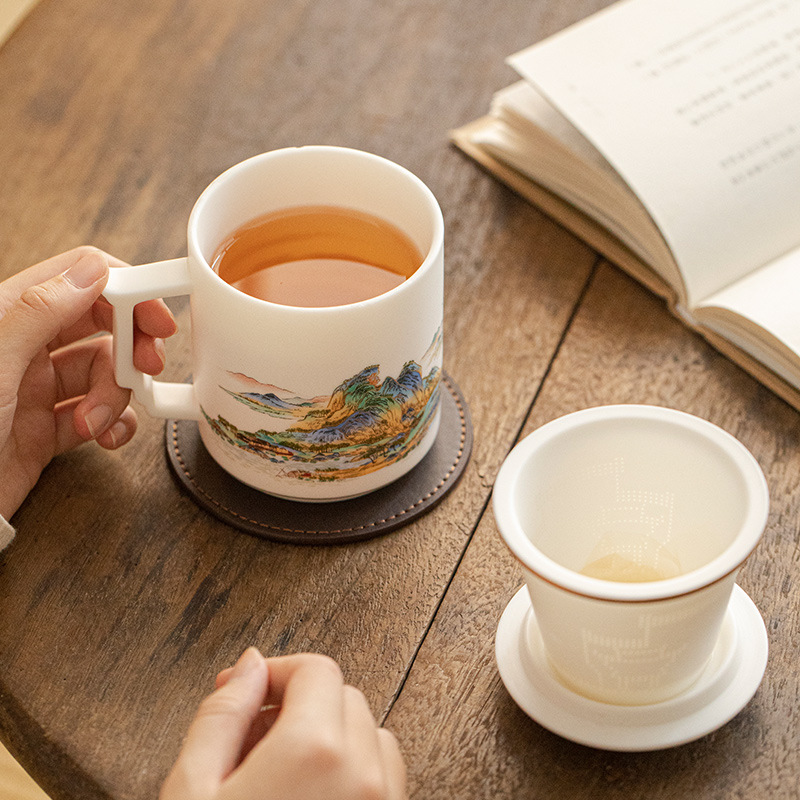 Cốc văn phòng bằng sứ ngọc có nắp của Li Tuting, cốc trà tách nước, cốc hội nghị phong cách Trung Quốc theo xu hướng quốc gia, cốc hội nghị phong cách Trung Quốc theo xu hướng quốc gia.