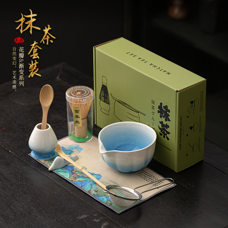 Bộ tám món Matcha cánh hoa, phụ kiện bộ trà gốm sứ gradient, bát trà, bàn chải, bộ lọc, mô phỏng bài hát, trà đạo, trà đạo