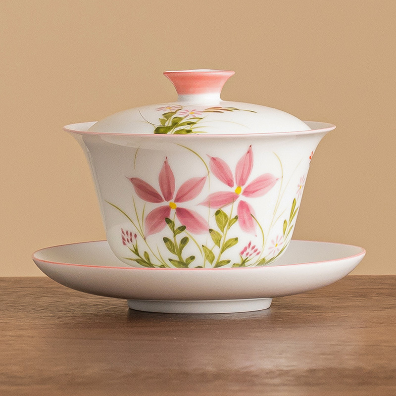 Vẽ tay hoa cúc, chuồn chuồn, bát nắp ba tài, cốc trà, bộ trà Kung Fu gốm sứ dung tích lớn, bát pha trà có nắp dùng trong gia đình