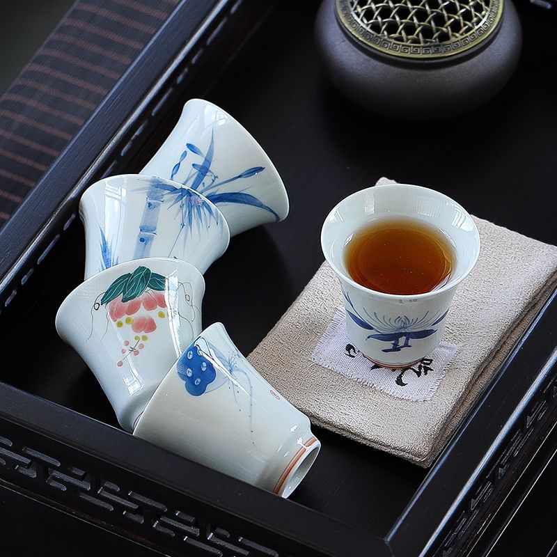 Cốc chủ nhân cỡ lớn vẽ tay cổ điển cốc trà Kung Fu cốc nước gốm sứ tráng men màu Trung Quốc cốc trà sứ trắng xanh cốc trà